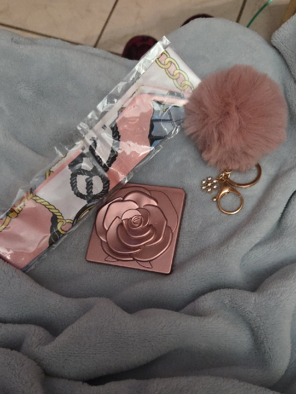 Rose Compact Mirror and Pink Pom Keychain And Twillie Set NWOT